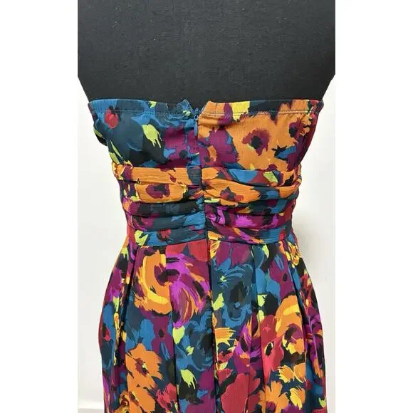 Forever 21 Strapless Floral Dress Women’s XS Blue Orange Purple Fit Flare Party - Picture 4 of 8